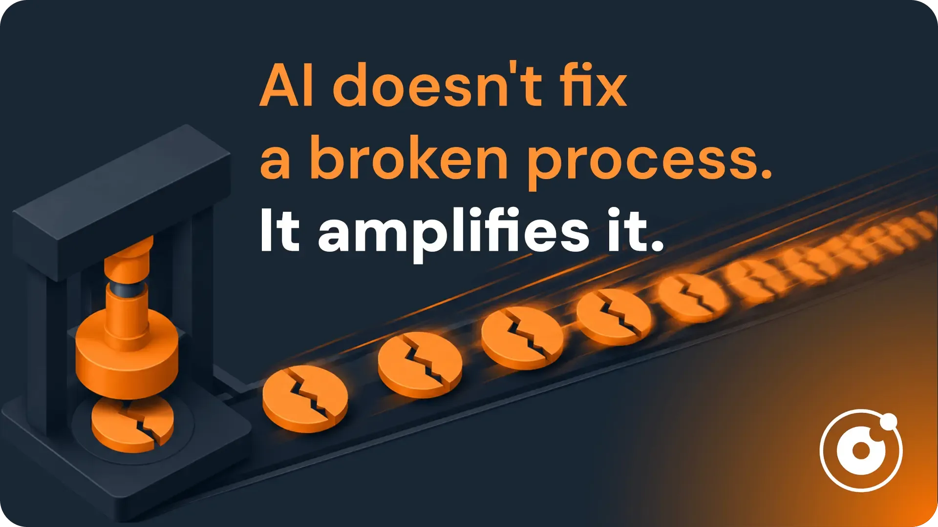 Isometric illustration of an industrial press stamping cracked orange discs onto an accelerating conveyor belt, symbolising a flawed process being amplified and sped up, with NewOrbit logo in the corner.