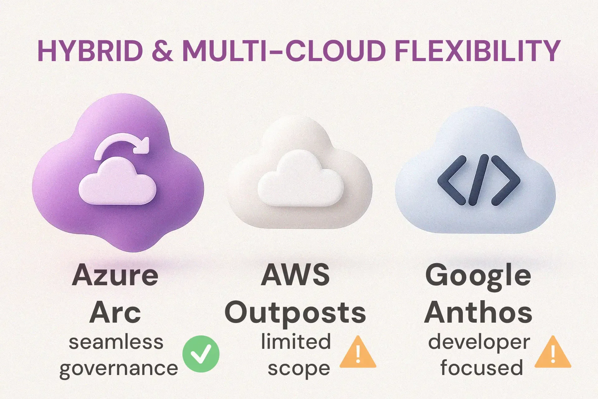 Infographic comparing hybrid and multi-cloud options: Azure Arc with seamless governance, AWS Outposts with limited scope, and Google Anthos focused on developers.