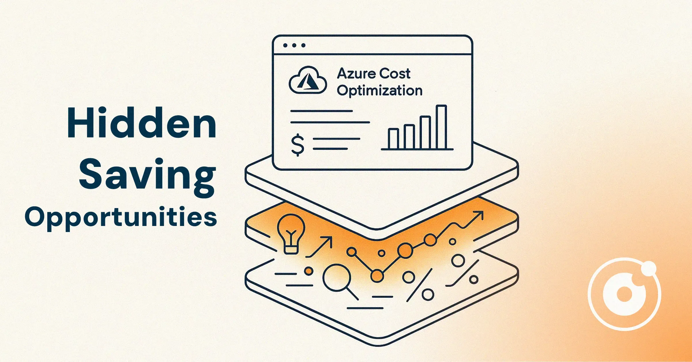 Illustration showing layered Azure cost optimisation analysis with a dashboard interface, financial symbol, growth chart and data icons revealing hidden saving opportunities beneath the surface.